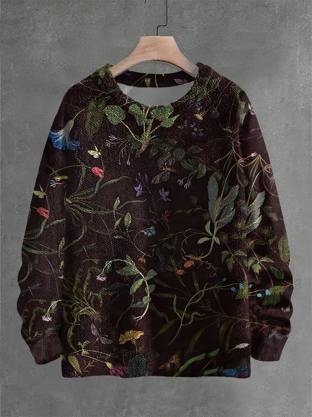 Vintage Dark Style Plants Print Casual Knit Pullover Sweater