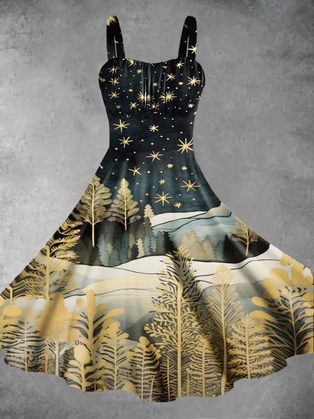 Women's Golden Forest And Star Print Design Pinafore Dresses