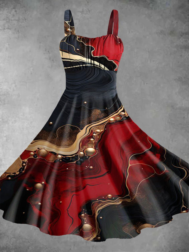 Women's Red And Gold Colors Collide Abstract Print Design Pinafore Dresses