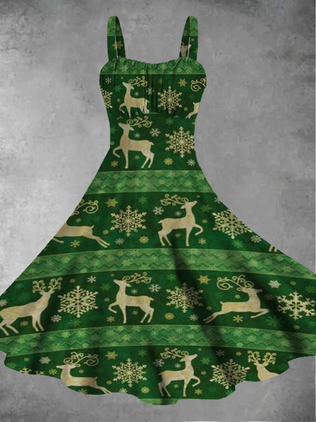 Women's Christmas Retro Elk Printed Casual Fashion Sleeveless Dress