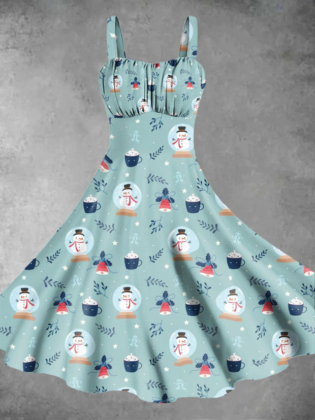 Women's Christmas Snowman Print Design Pinafore Dresses