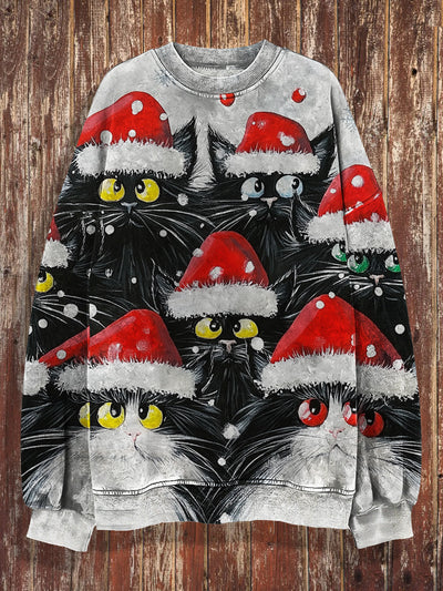 Unisex Funny Christmas Cat Print Crew Neck Casual Sweatshirt