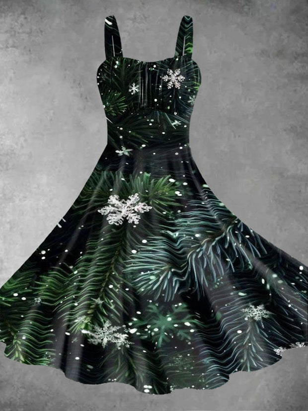 Women's Snowflakes And Pine Branches Print Design Pinafore Dresses