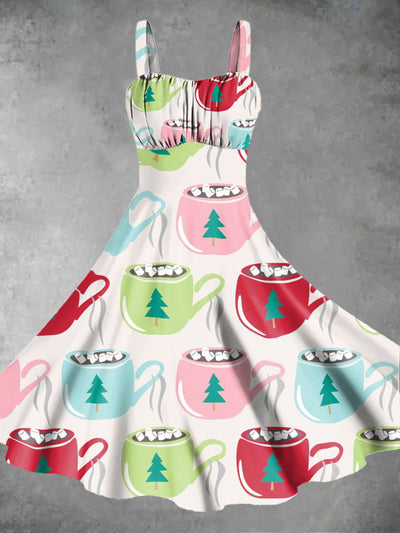 Women's Christmas Tree And Eggnong Print Design Pinafore Dresses