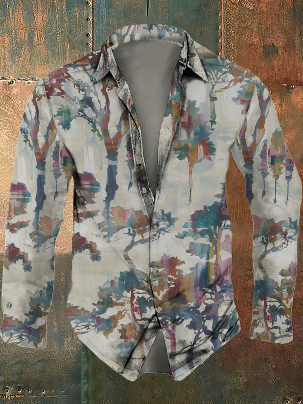 Men's retro abstract art pattern printed casual fashion lapel long sleeved shirt