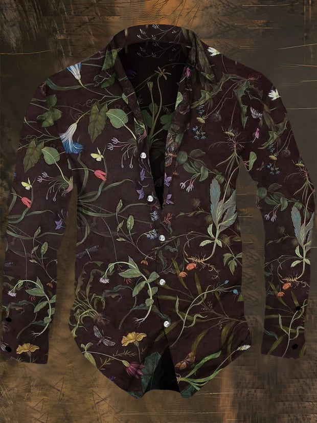 Men's Retro Dark Style Plants Print Casual Shirt Long Sleeve