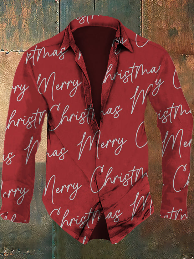 Men's Christmas retro letter pattern printed casual and fashionable lapel long sleeved shirt