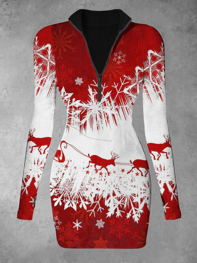 Women's Christmas Deer Print Casual Long Sleeve Mini Dress