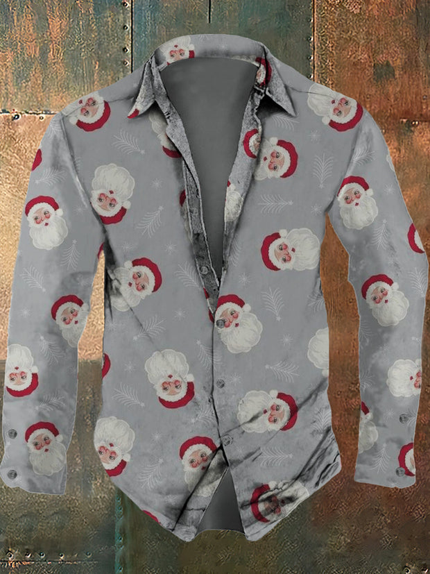 Men's Christmas Retro Cute Cartoon Elderly Pattern Design Printed Casual Fashion Collar Long Sleeve Shirt