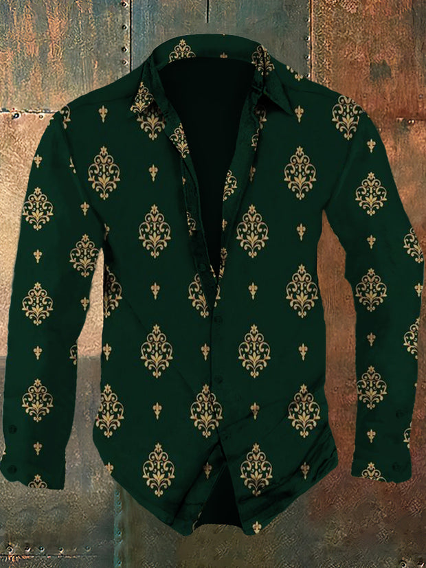 Men's retro continuous pattern design printed casual fashion lapel long sleeved shirt