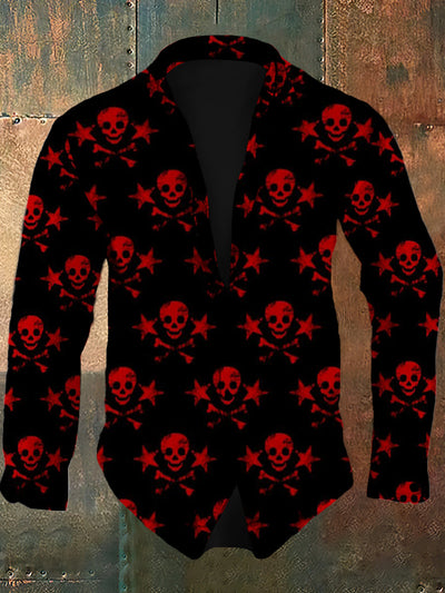 Men's retro skull pattern design printed casual and fashionable lapel long sleeved shirt