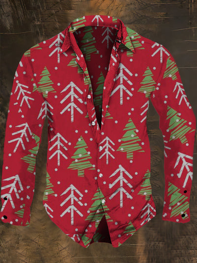 Men's Cartoon Christmas Tree Print Long Sleeve Shirt