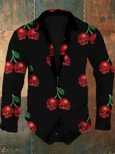 Men's retro skull pattern design printed casual and fashionable lapel long sleeved shirt