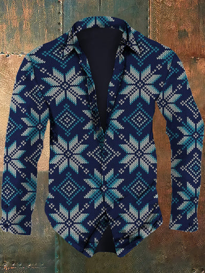 Men's retro snowflake pattern design printed casual and fashionable lapel long sleeved shirt