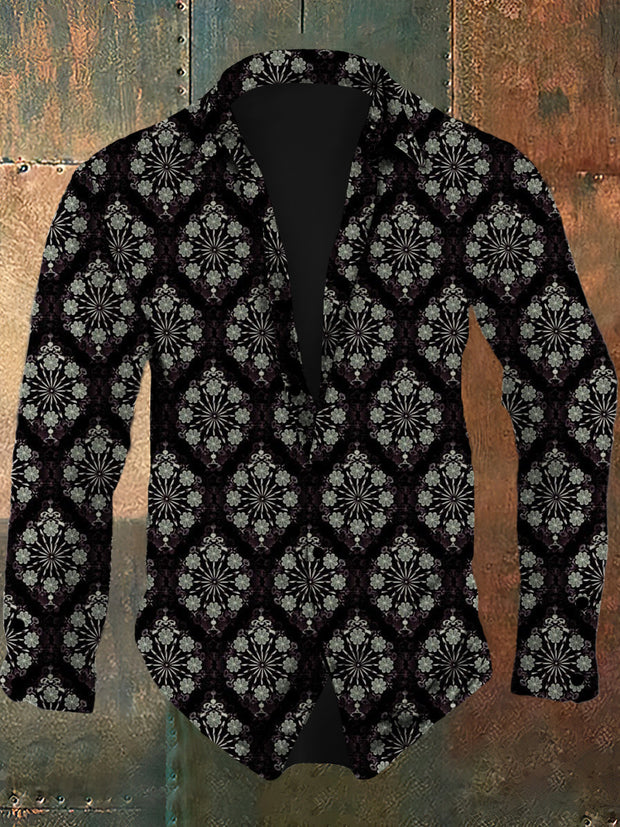 Men's retro floral continuous pattern design printed casual and fashionable lapel long sleeved shirt