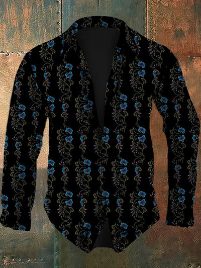 Men's retro floral continuous pattern design printed casual and fashionable lapel long sleeved shirt