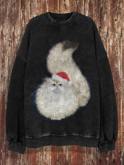 Unisex Christmas Cat Print Crew Neck Casual Sweatshirt