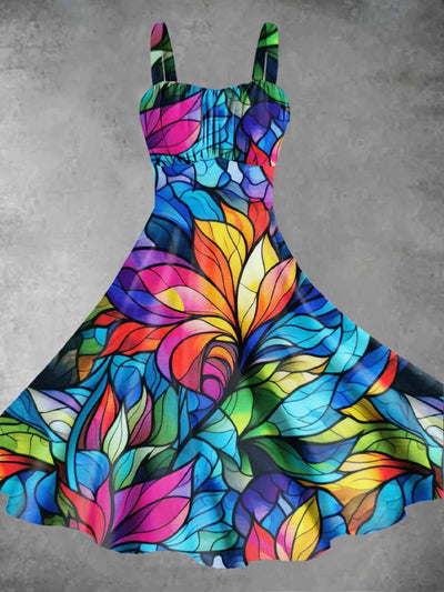 Women's Stained Glass Leaf Print Sling Dress