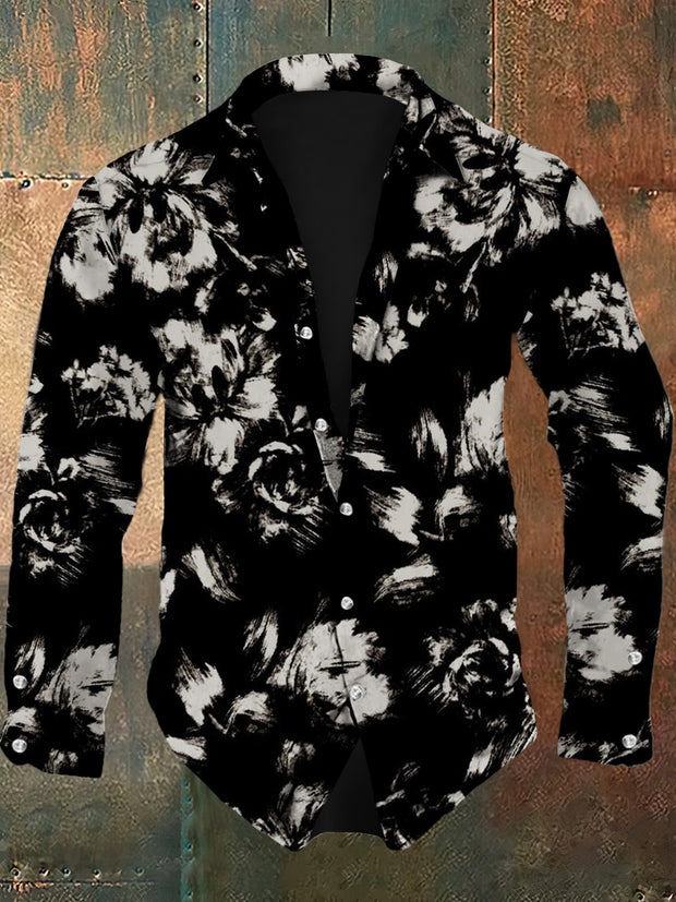 Men's retro floral pattern design printed casual and fashionable lapel long sleeved shirt