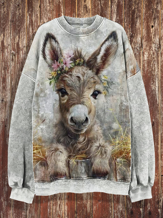 Unisex Cute Donkey Print Crew Neck Casual Sweatshirt