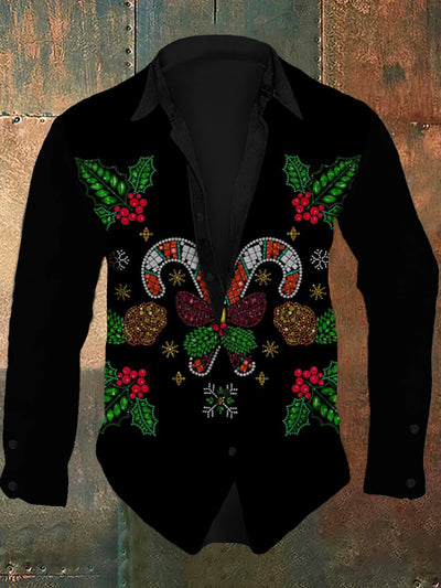 Men's retro Christmas sequin pattern design printed casual and fashionable lapel long sleeved shirt