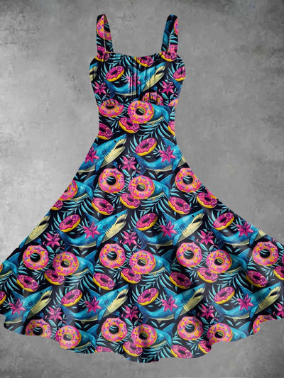 Women's Funny Shark Donut Print Suspender Dress