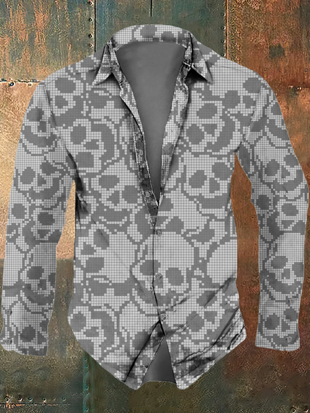 Men's retro skull pattern design printed casual and fashionable lapel long sleeved shirt