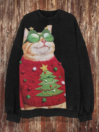 Unisex Cool Christmas Cat Print Crew Neck Casual Sweatshirt