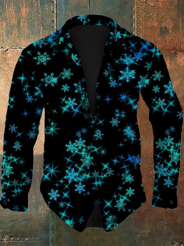 Men's retro Christmas snowflake pattern design printed casual and fashionable lapel long sleeved shirt