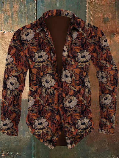 Men's retro floral pattern design printed casual and fashionable lapel long sleeved shirt