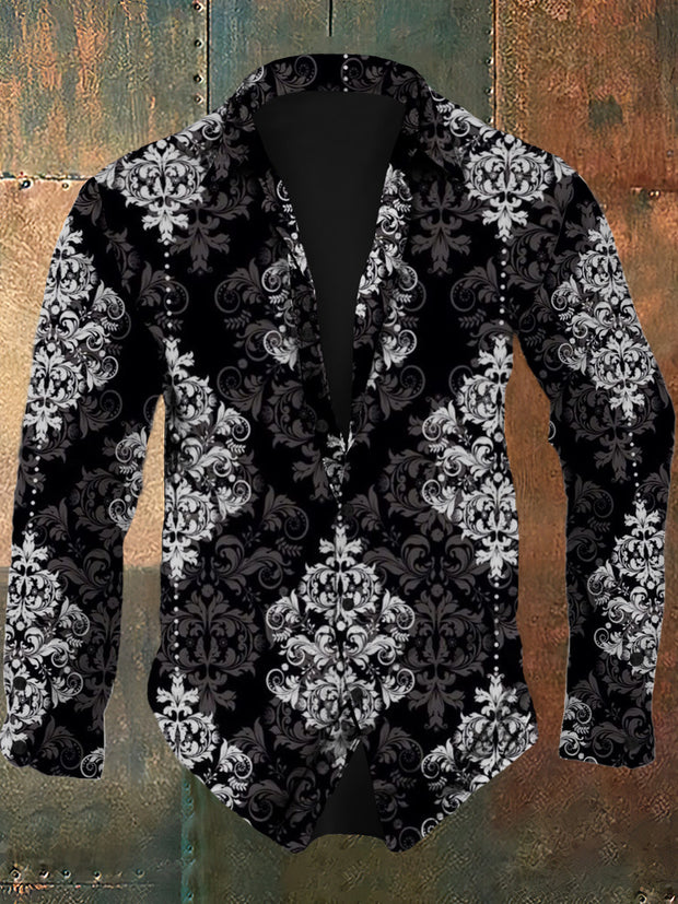 Men's retro floral pattern design printed casual and fashionable lapel long sleeved shirt