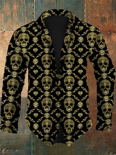 Men's Retro Skull Flower Pattern Design Printed Casual Fashion Collar Long Sleeve Shirt