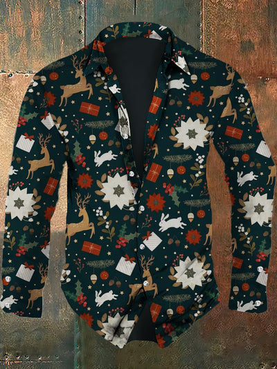 Men's Christmas vintage floral pattern design printed casual and fashionable lapel long sleeved shirt