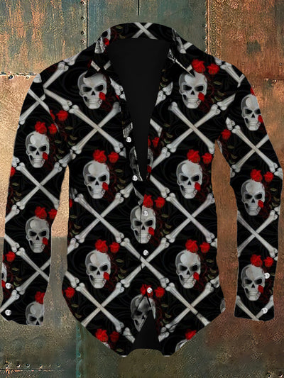 Men's retro skull pattern design printed casual and fashionable lapel long sleeved shirt