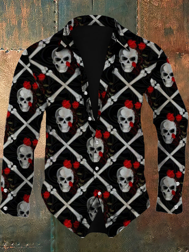 Men's retro skull pattern design printed casual and fashionable lapel long sleeved shirt