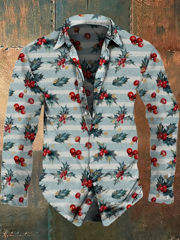 Men's Christmas vintage floral pattern design printed casual and fashionable lapel long sleeved shirt