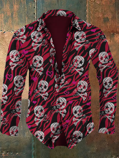 Men's retro skull pattern design printed casual and fashionable lapel long sleeved shirt