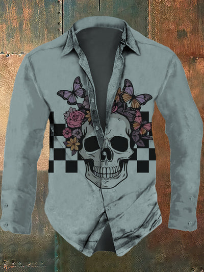 Men's Retro Skull Flower Pattern Design Printed Casual Fashion Collar Long Sleeve Shirt