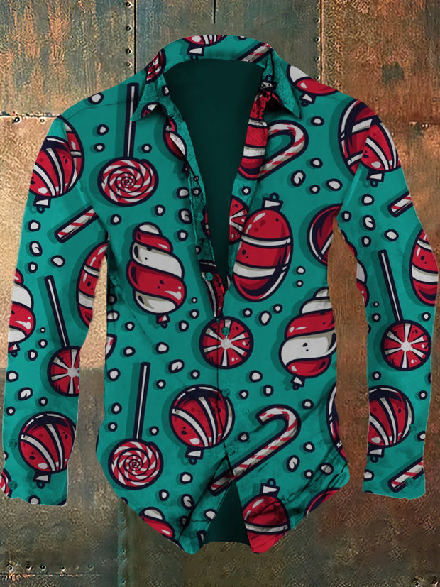 Men's Christmas Retro Cartoon Pattern Design Printed Casual Fashion Collar Long Sleeve Shirt