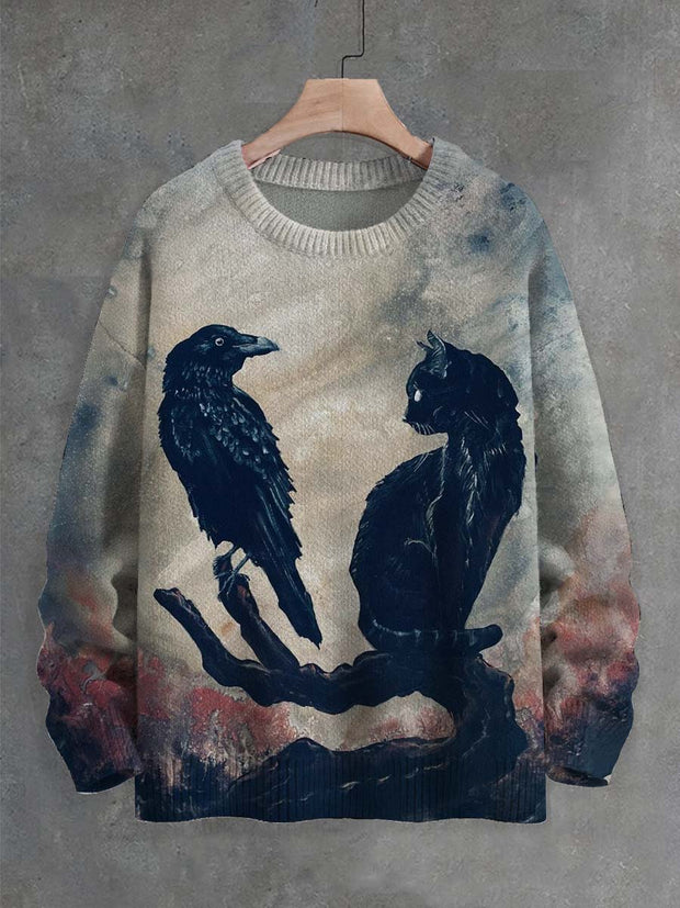 Unisex Dark Raven Cat Print Crew Neck Sweater