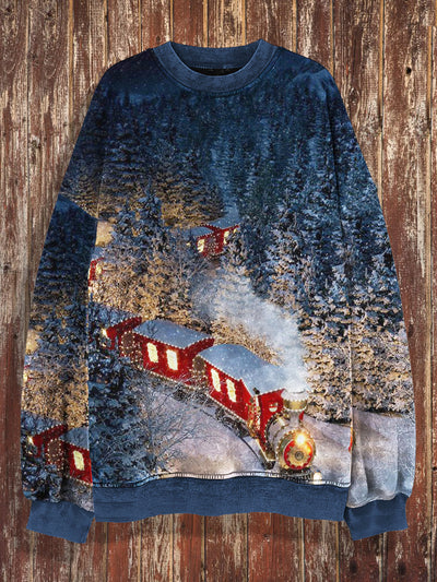 Unisex Christmas Train Print Crew Neck Casual Sweatshirt