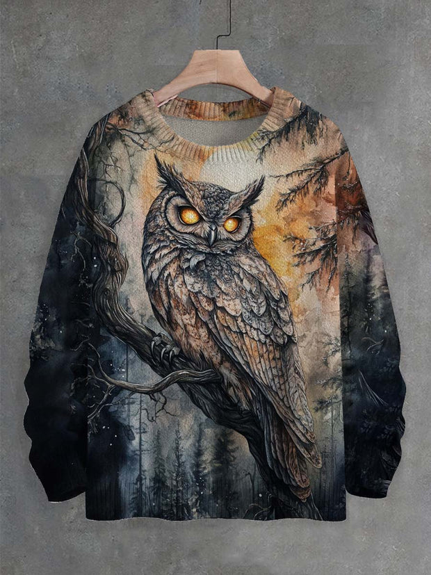 Unisex Dark Owl Print Crew Neck Sweater