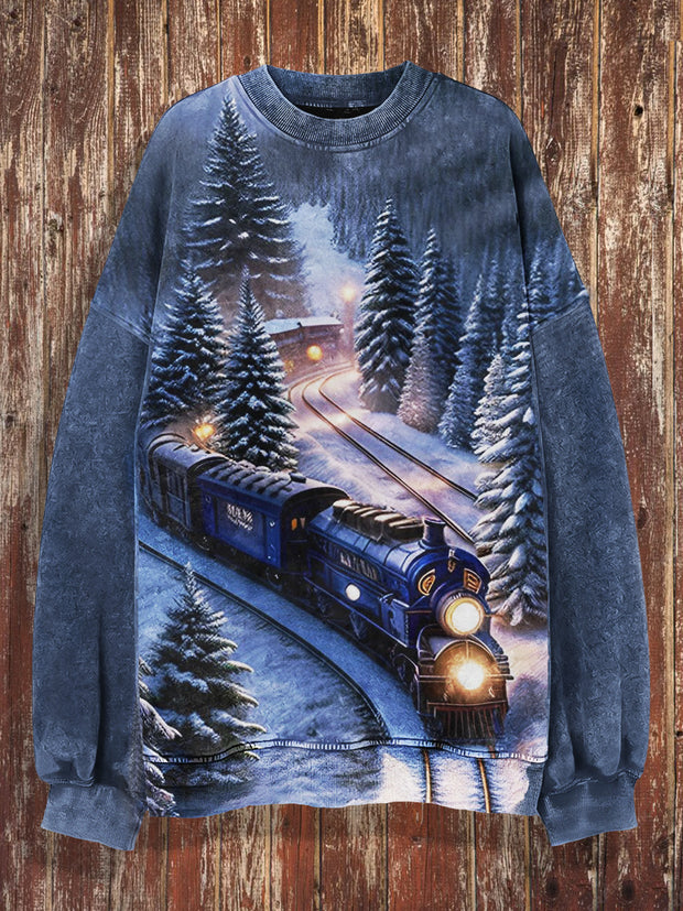 Unisex Snow Train Print Crew Neck Casual Sweatshirt