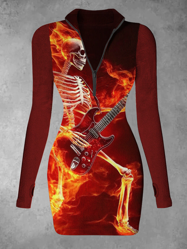 Women's Skull Guitar Print Casual Long Sleeve Mini Dress