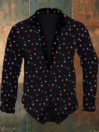 Men's Christmas Retro Pattern Printed Casual Fashion Collar Long Sleeve Shirt