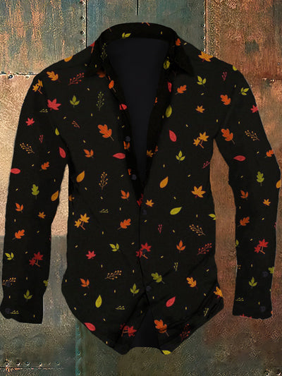 Men's retro autumn leaf pattern printed casual fashion lapel long sleeved shirt