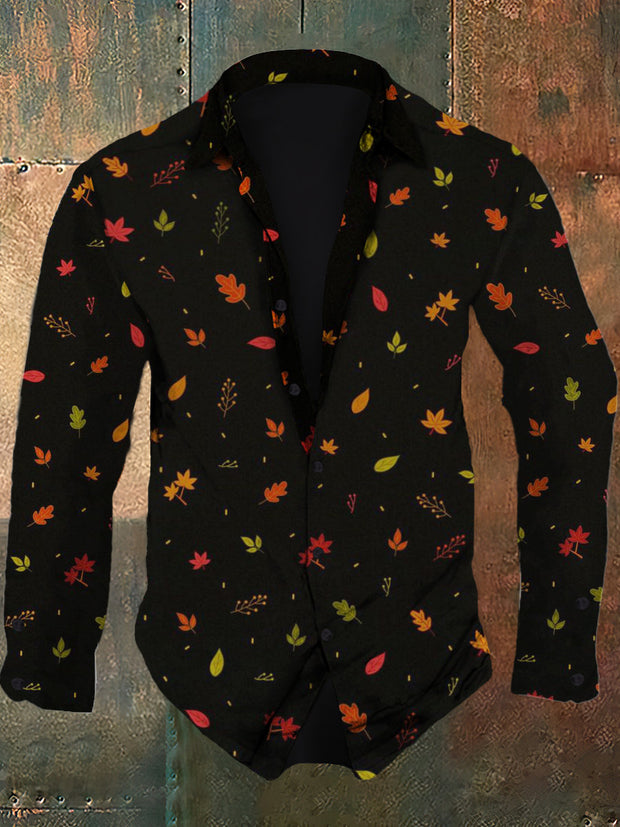 Men's retro autumn leaf pattern printed casual fashion lapel long sleeved shirt