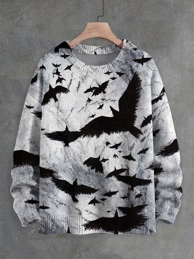 Unisex Painted Abstract Raven Print Crew Neck Sweater