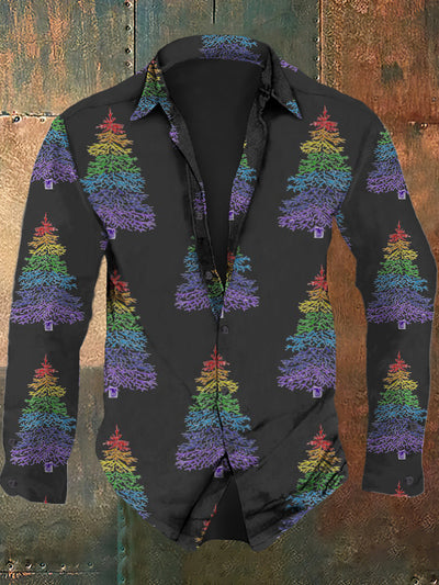 Men's Retro Christmas Tree Art Pattern Printed Casual Fashion Collar Long Sleeve Shirt