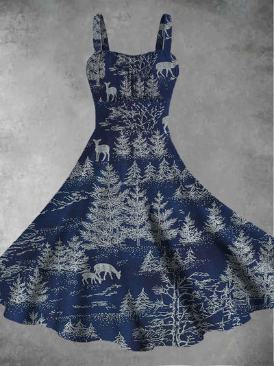 Women's Christmas Tree Retro Art Printed Casual Fashion Strap Dress